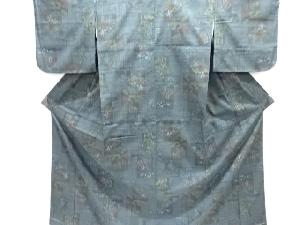 未使用品　色紙に時代人物模様織り出し本場結城紬100亀甲着物(石下)